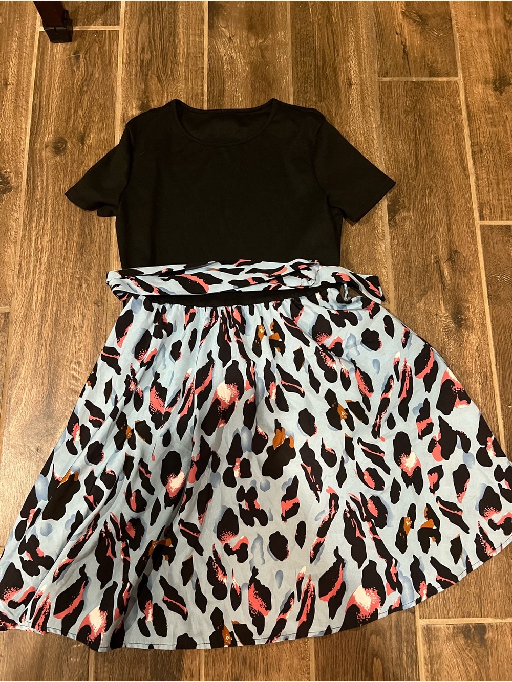 Women’s Black Top & Light Blue Animal Print Skirt Dress